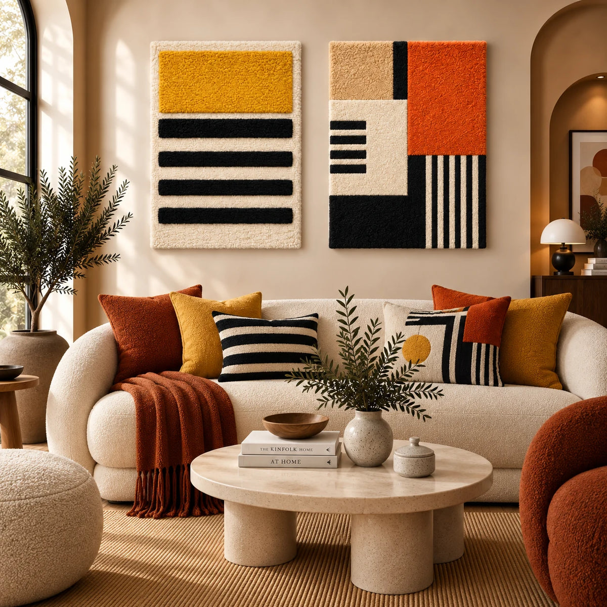 Mustard Four Beats × Rust Stripe Blueprint paired wool wall art in a styled room — Warm Linear Measures