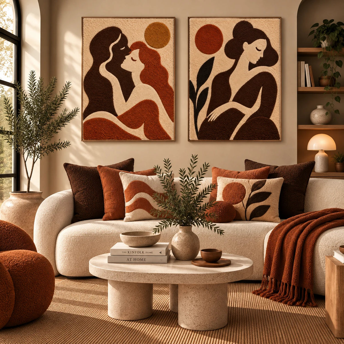 An Embrace Beneath the Ochre Sun × Quiet Woman Under a Rust Sun paired wool wall art in a styled room — Earthbound Quiet Moments