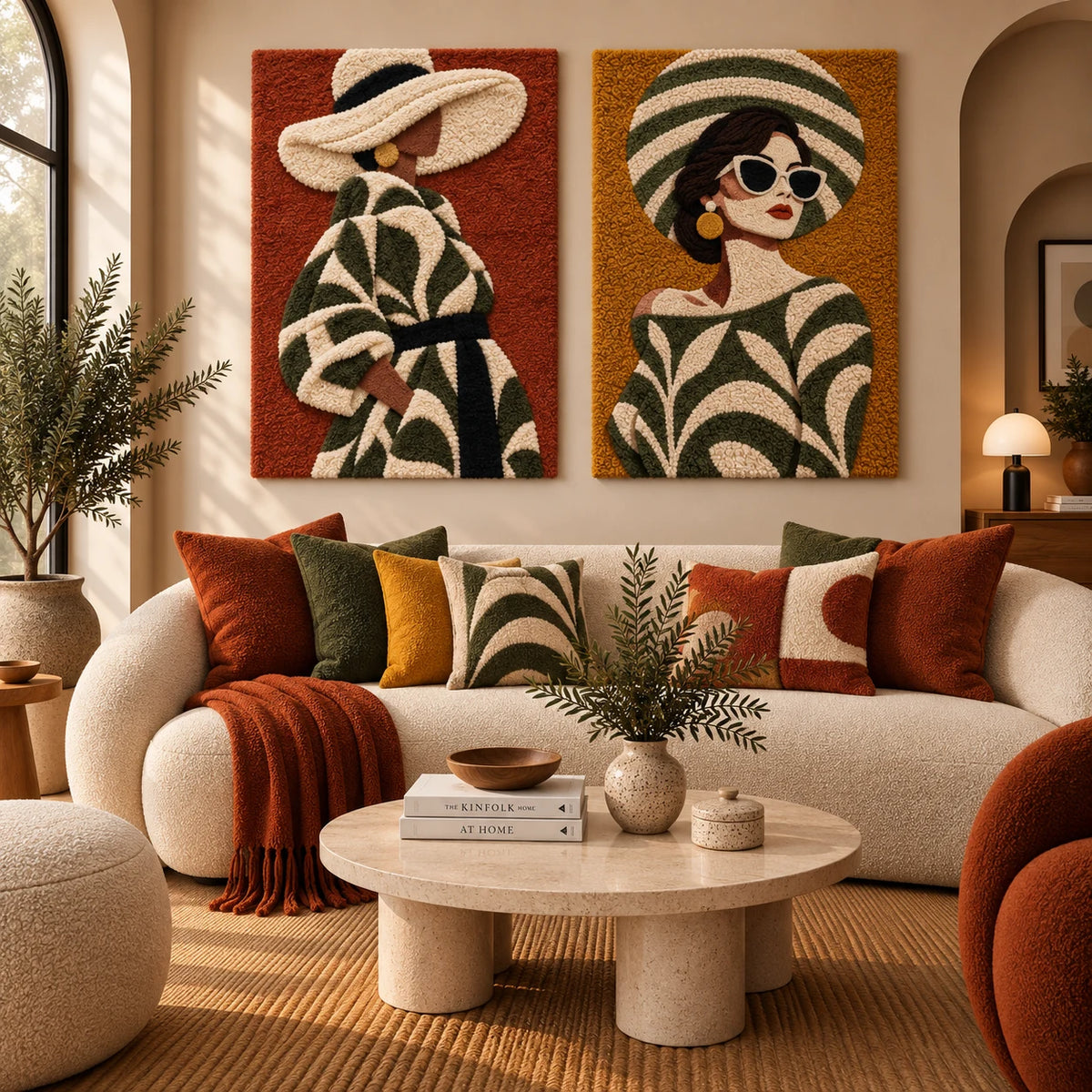 Olive Leaf Coat Muse × Olive Riviera Muse paired wool wall art in a styled room — Olive Riviera Shapes