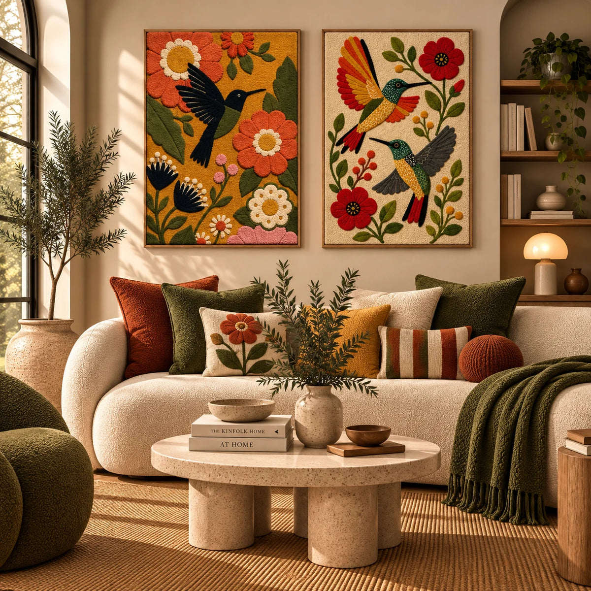 Afterglow Juniper × Afterglow Veranda paired wool wall art in a styled room — Golden Garden Flight