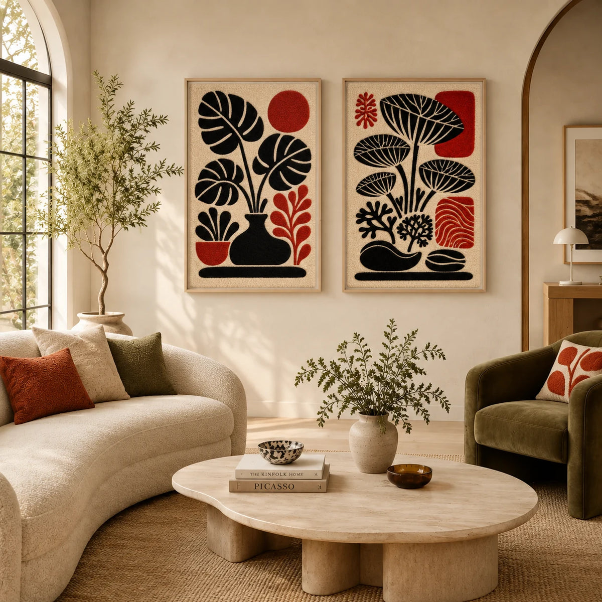 Monstera Scarlet Stillness × Scarlet Botanical Vessels paired wool wall art in a styled room — Scarlet Botanical Silhouettes