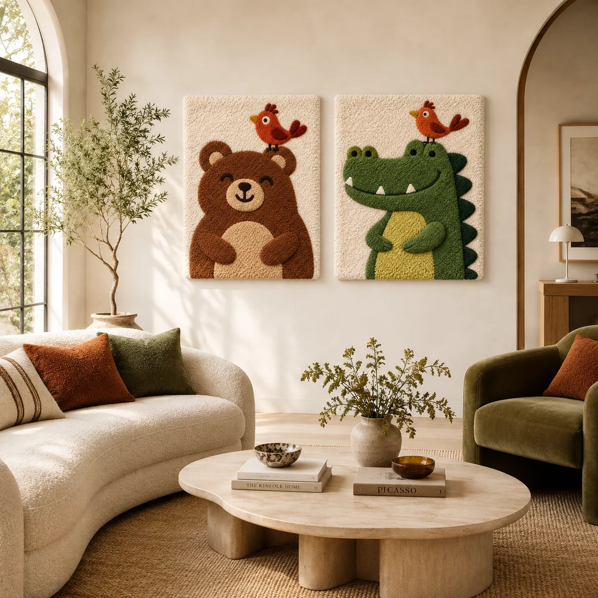 Bear and Robin × Crocodile and Rustbird paired wool wall art in a styled room — Little Bird Friends