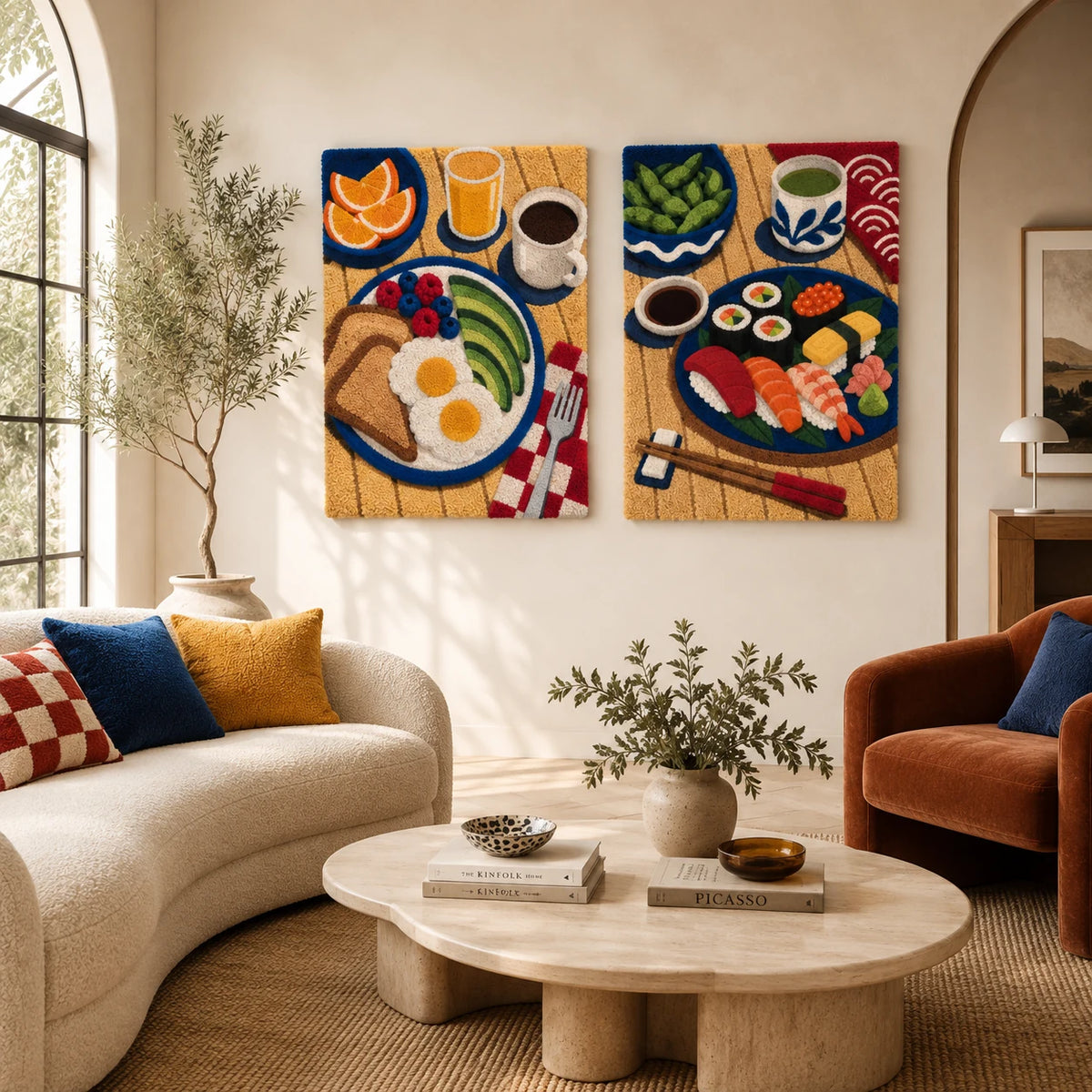 Morning on the Blue Plate × The Indigo Sushi Table paired wool wall art in a styled room — Blue Table Rituals