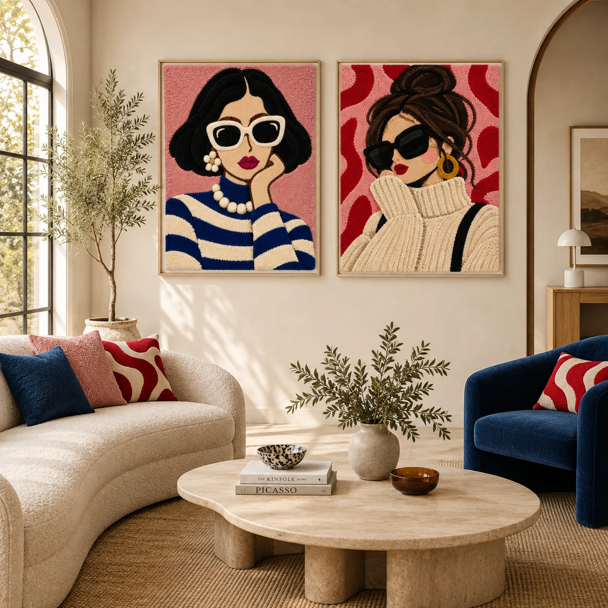 Breton Stripes and Blush × Cozy Knit and Scarlet Waves paired wool wall art in a styled room — Blush Confidence