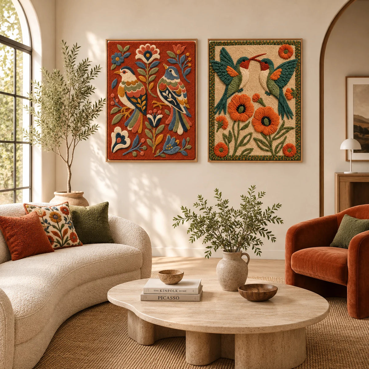 Afterglow Cairn × Afterglow Orchard paired wool wall art in a styled room — Orchard Companions