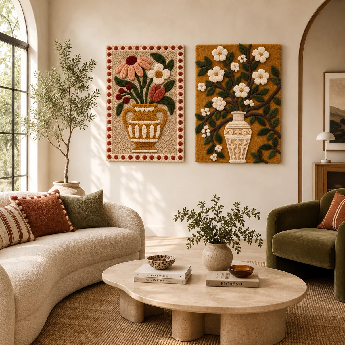 Golden Urn Garden Bouquet × Ivory Blossoms in a Golden Vase paired wool wall art in a styled room — Golden Vessels