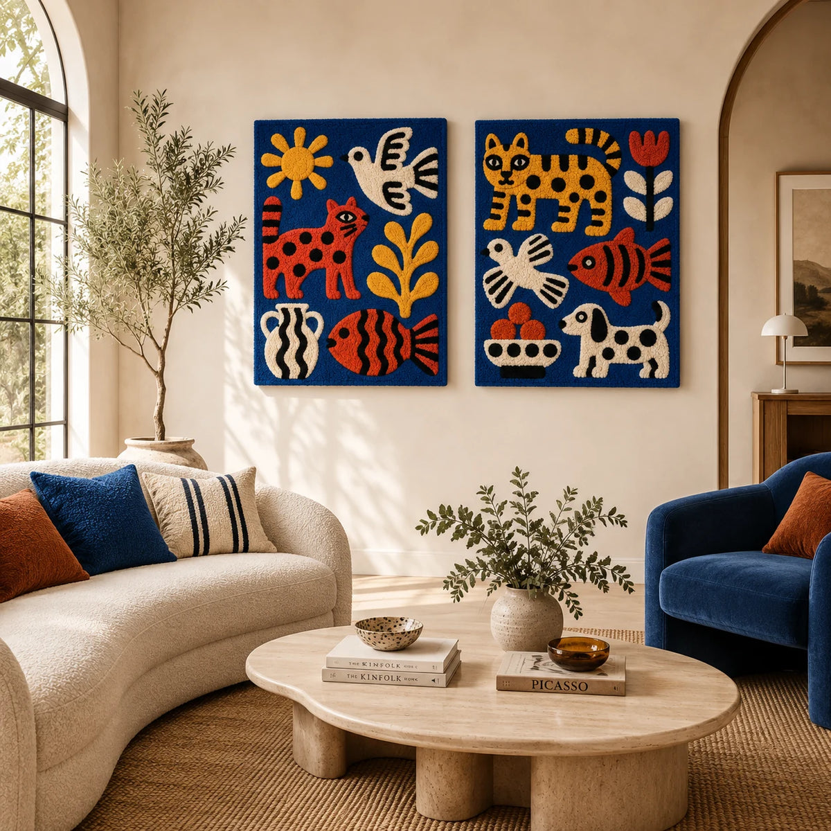 Sunlit Cobalt Animal Garden × Tiger Fish and Garden Friends paired wool wall art in a styled room — Cobalt Garden Friends