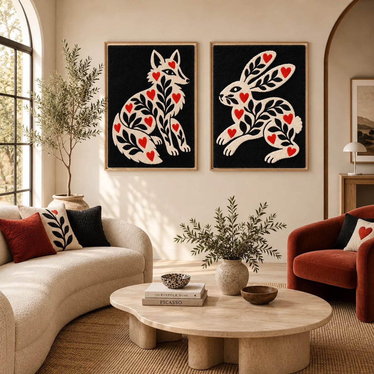 Heartwood Fox × Heartwood Hare paired wool wall art in a styled room — Hearts of the Woodland