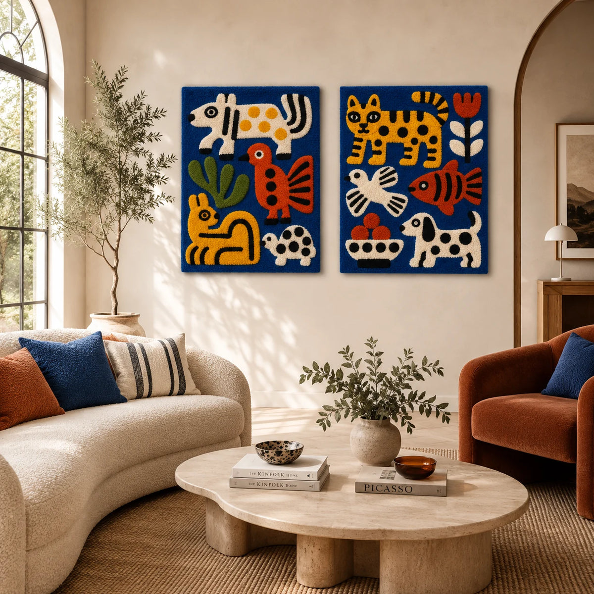 A Cobalt Menagerie Gathering × Tiger Fish and Garden Friends paired wool wall art in a styled room — Cobalt Animal Chorus