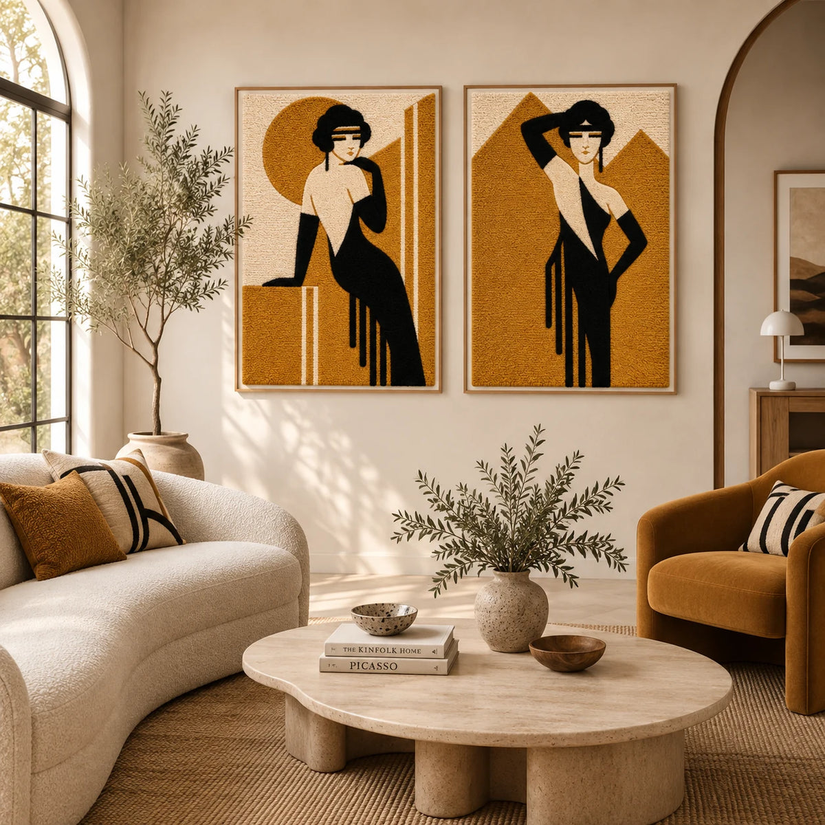 Amber Evening Recline × Golden Gala Silhouette paired wool wall art in a styled room — Evening in Amber