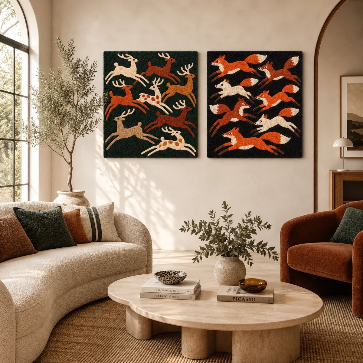 Deer Across the Emerald Night × Foxes Across the Midnight Meadow paired wool wall art in a styled room — Woodland at Midnight