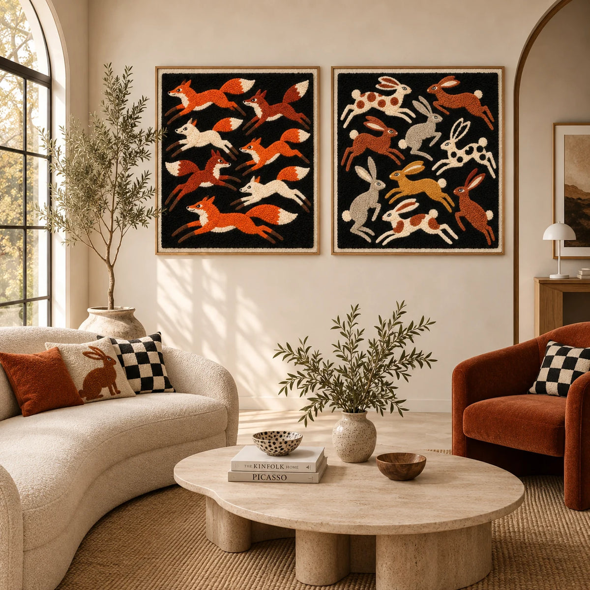 Foxes Across the Midnight Meadow × Hares in the Night Garden paired wool wall art in a styled room — Midnight Meadow Leaps