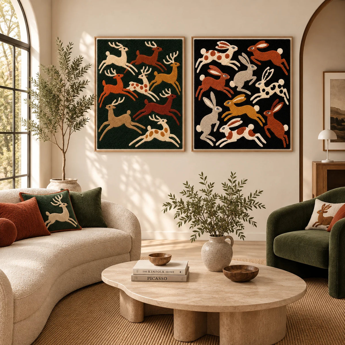 Deer Across the Emerald Night × Hares in the Night Garden paired wool wall art in a styled room — Woodland Night Leaps