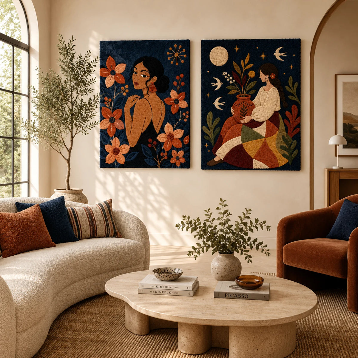 Marigold Muse × Moon Garden Keeper paired wool wall art in a styled room — Moonlit Botanical Muses