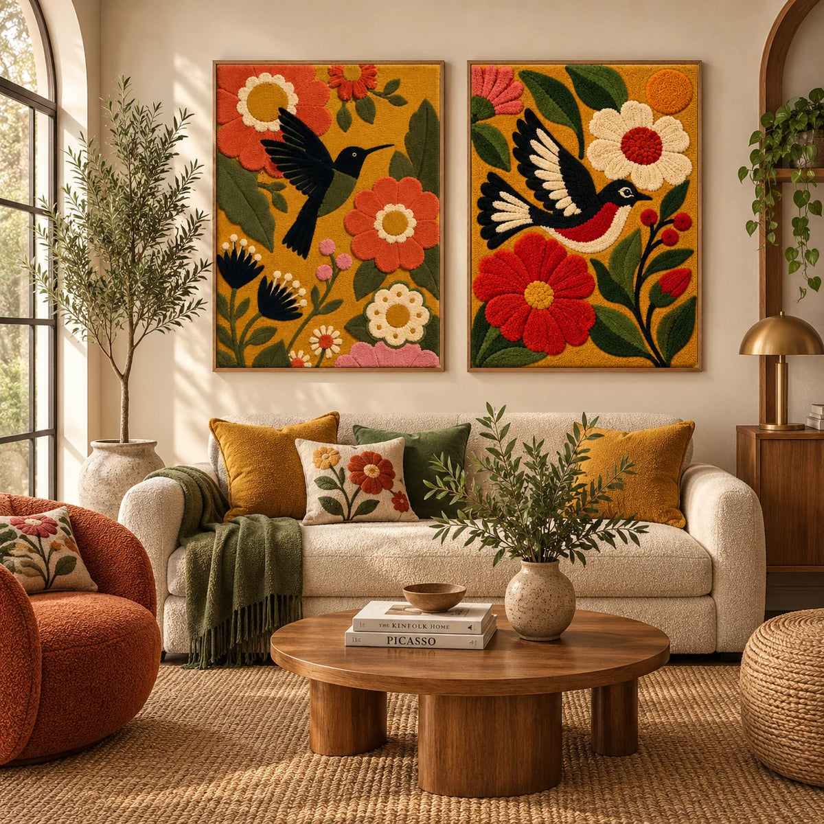 Afterglow Juniper × Songbird in Marigold Garden paired wool wall art in a styled room — Marigold Birdsong