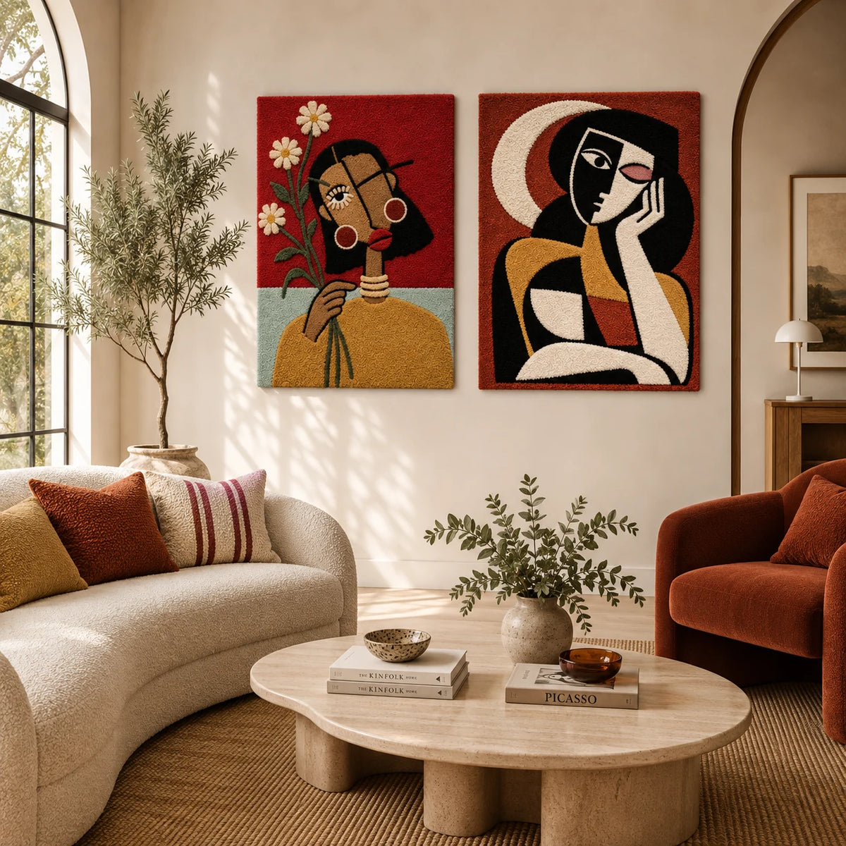 Daisy Red Portrait × Terracotta Moon Muse paired wool wall art in a styled room — Crimson Reverie