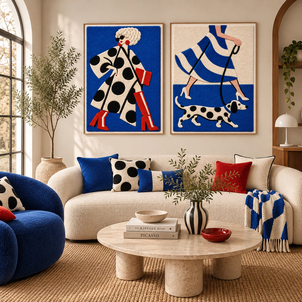 Cobalt Catwalk × Cobalt Stripes and a Dalmatian paired wool wall art in a styled room — Cobalt Walk