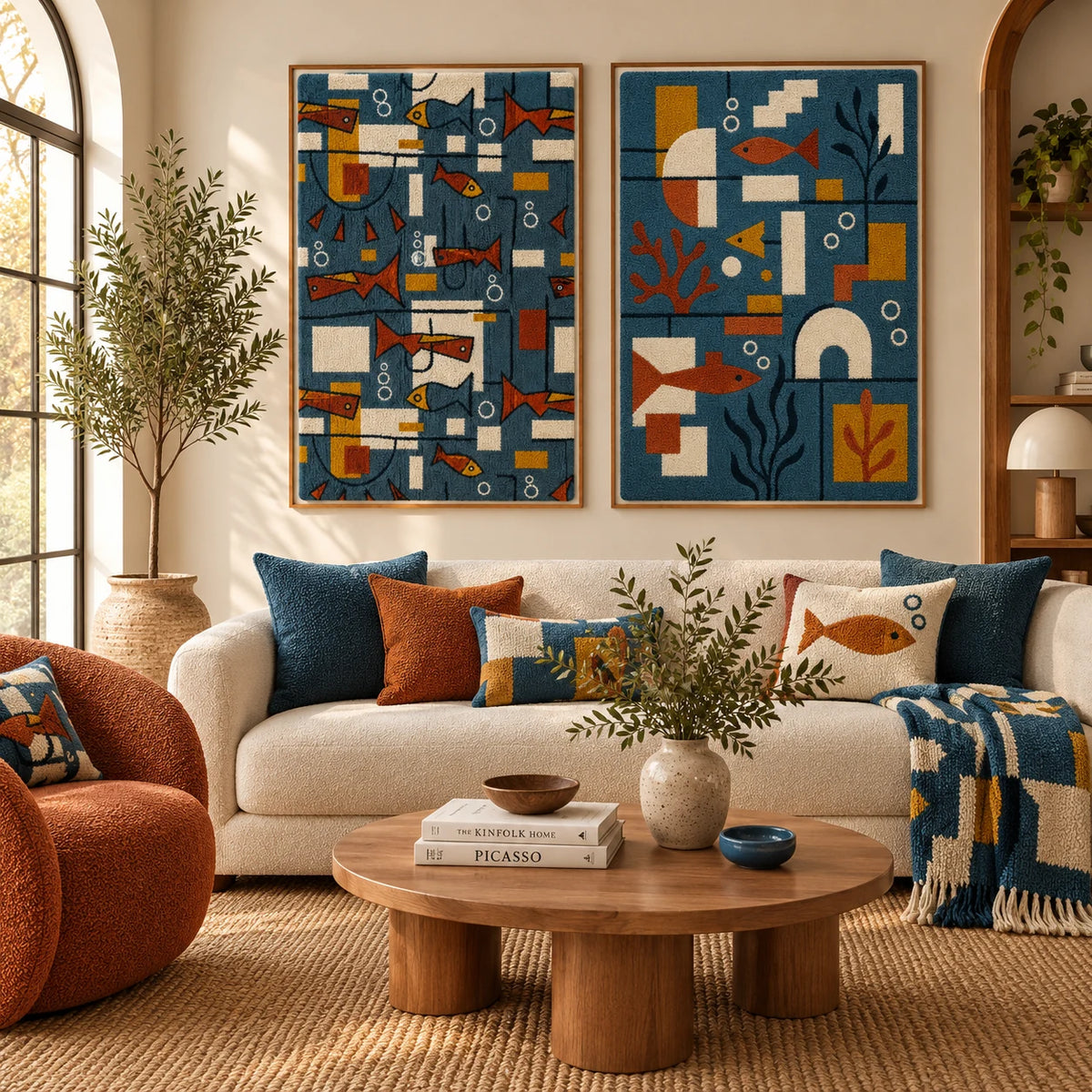 Deep Sea Ledger × Harbor Signal Grid paired wool wall art in a styled room — Harbor Mosaic Stories