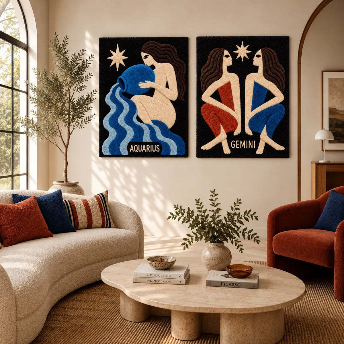 Aquarius Water Bearer × Gemini Star Sisters paired wool wall art in a styled room — Starlit Kin
