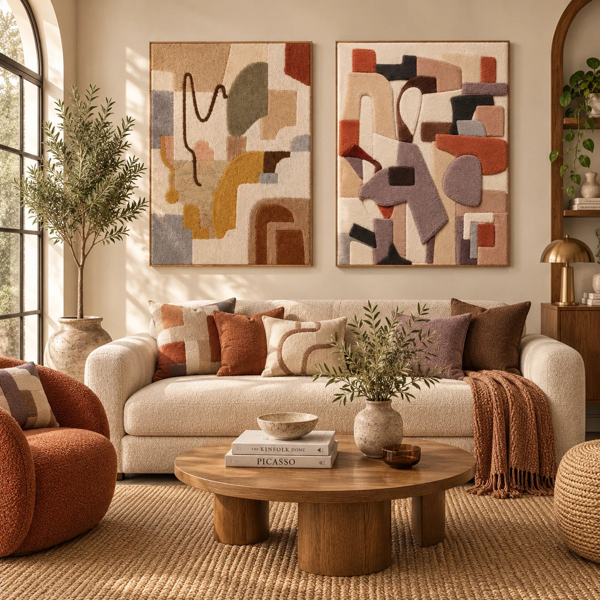 Adobe Cipher × Soft Geometry Assembly paired wool wall art in a styled room — Soft Adobe Geometry