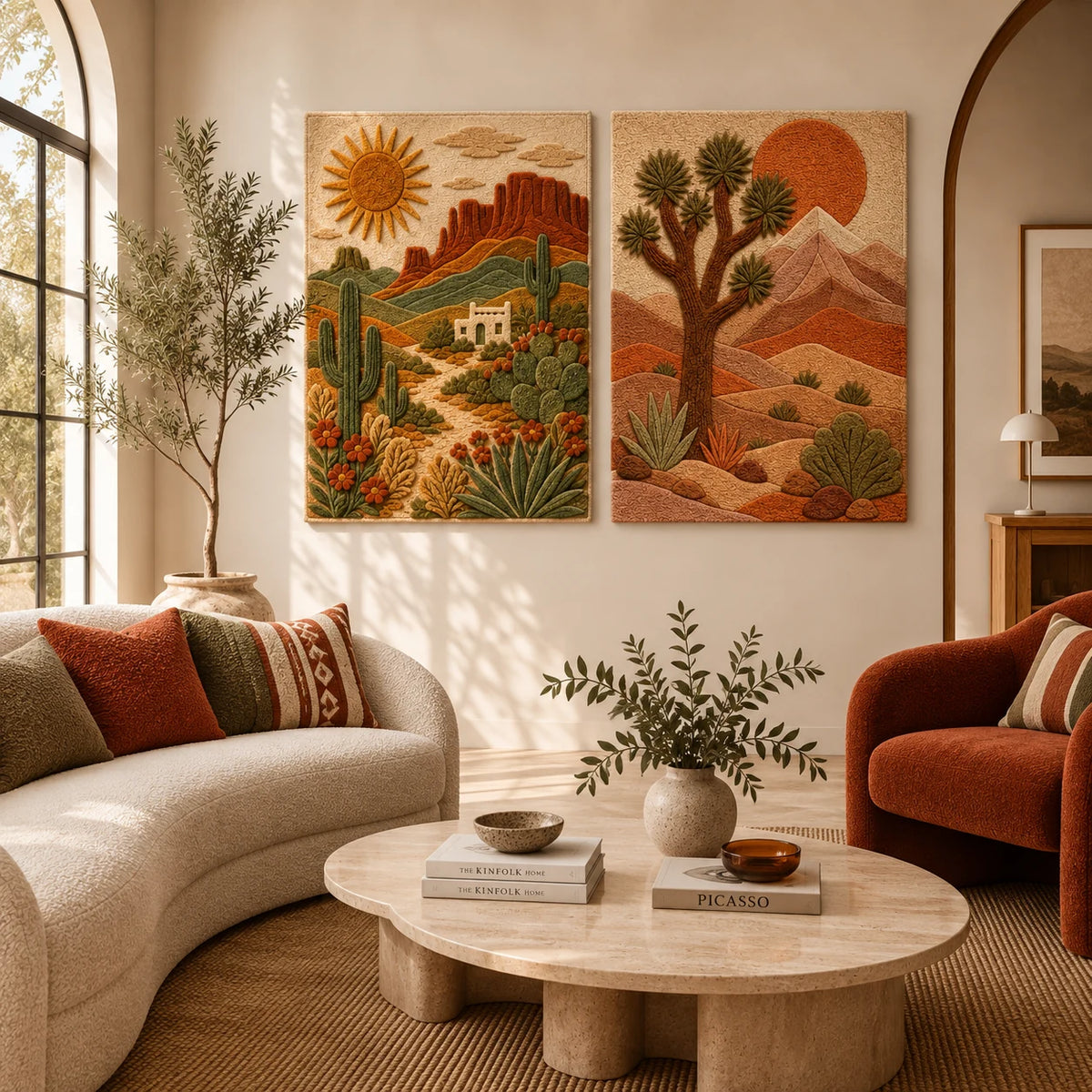 Afterglow Vista × Afterglow Fjord paired wool wall art in a styled room — Desert Sun and Joshua