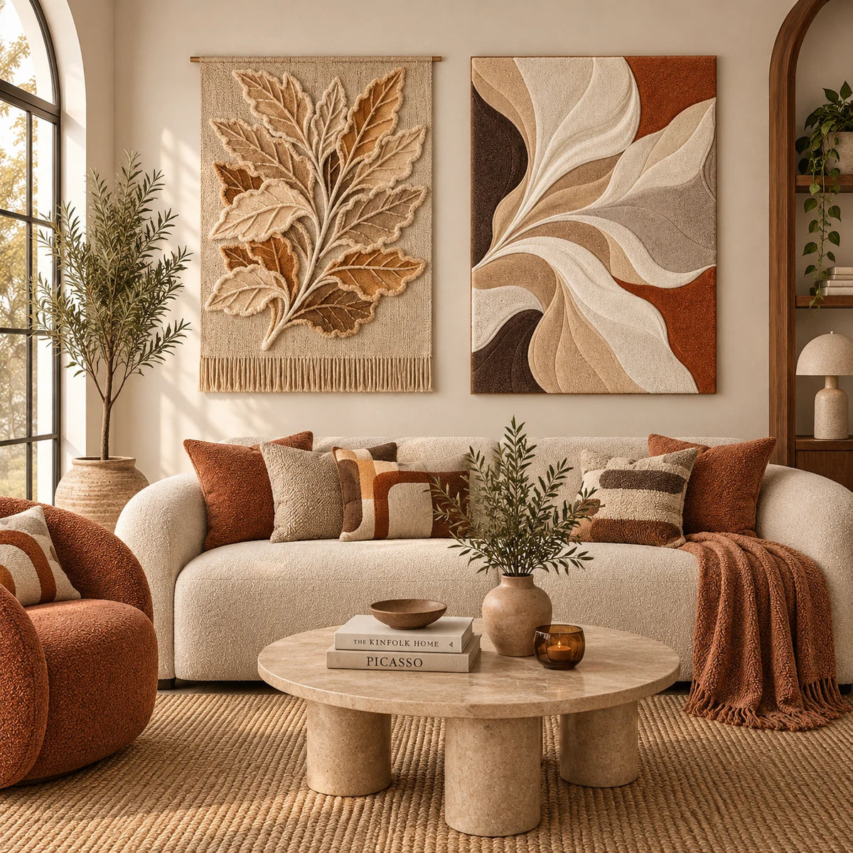 Sepia Branch × Swirling Leaves Abstract paired wool wall art in a styled room — Sepia Leaf Flow