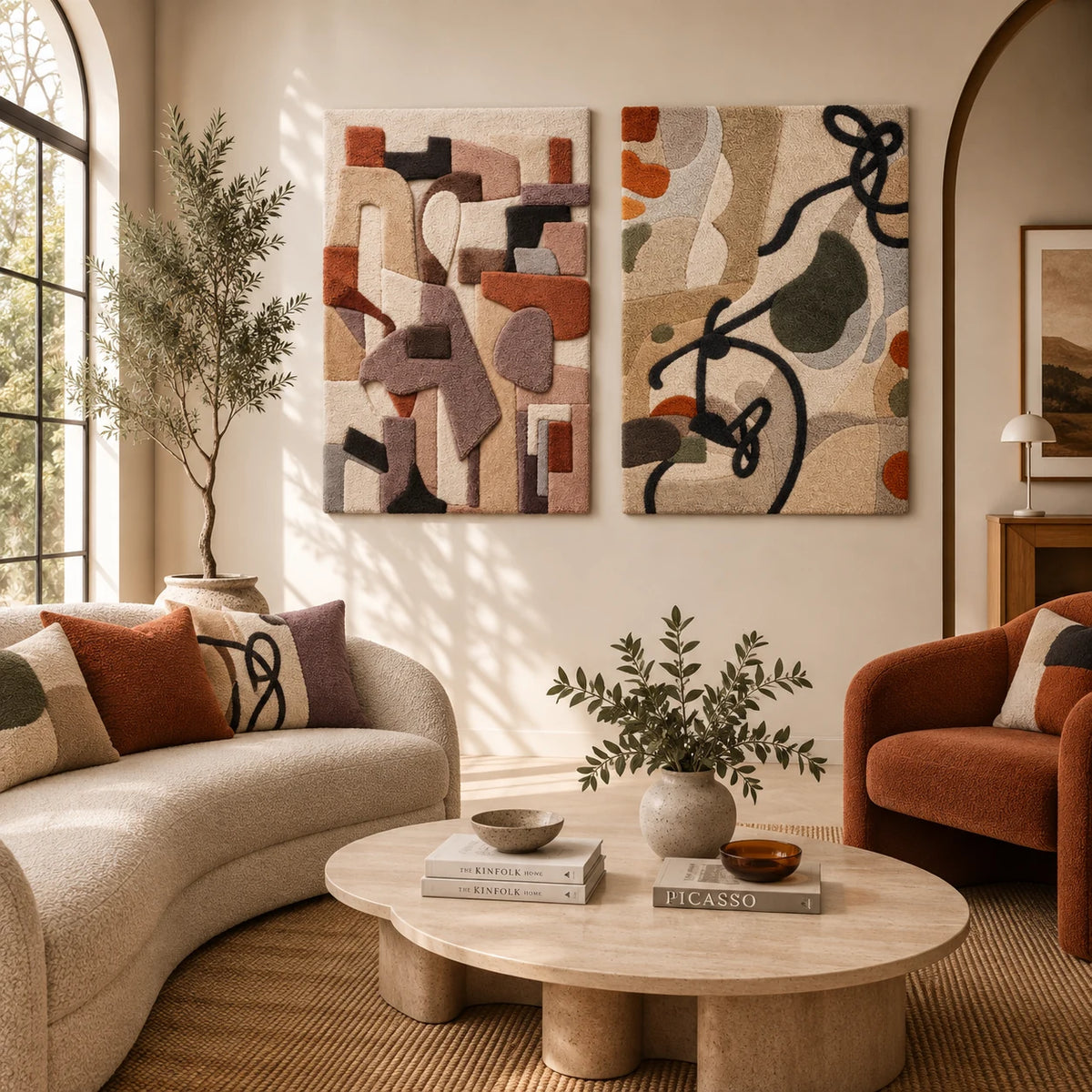 Soft Geometry Assembly × Wildflower Ink on Sand paired wool wall art in a styled room — Soft Earth Gestures