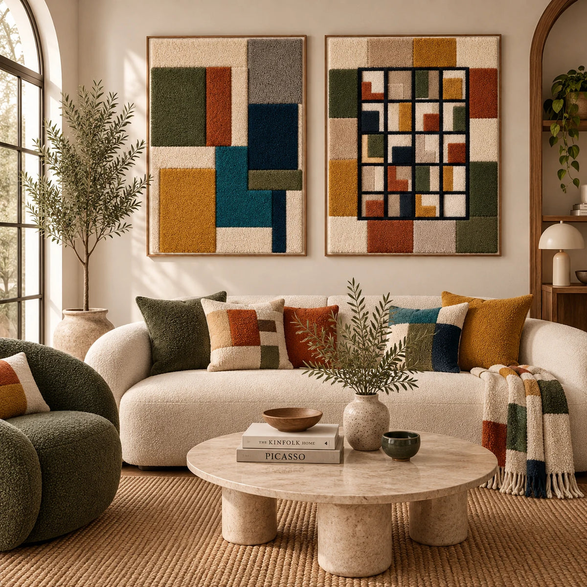 Cobalt and Ochre Stacked Planes × Small Windows at Dusk paired wool wall art in a styled room — Earth Window Planes