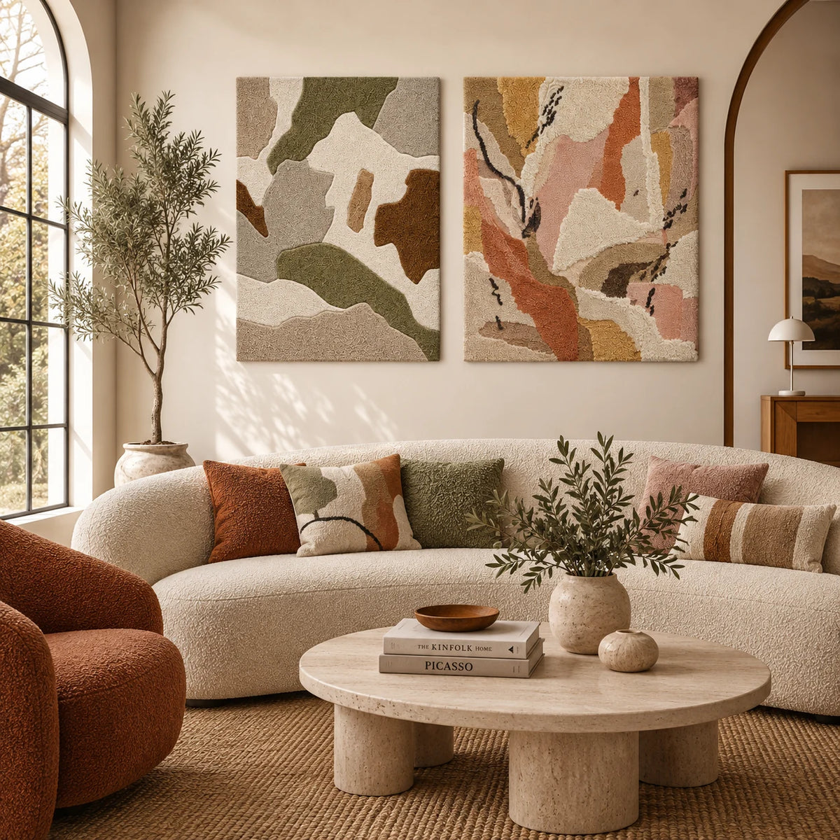 Sage Camo Abstract × The Rose Quartz Vein paired wool wall art in a styled room — Soft Earth Veins
