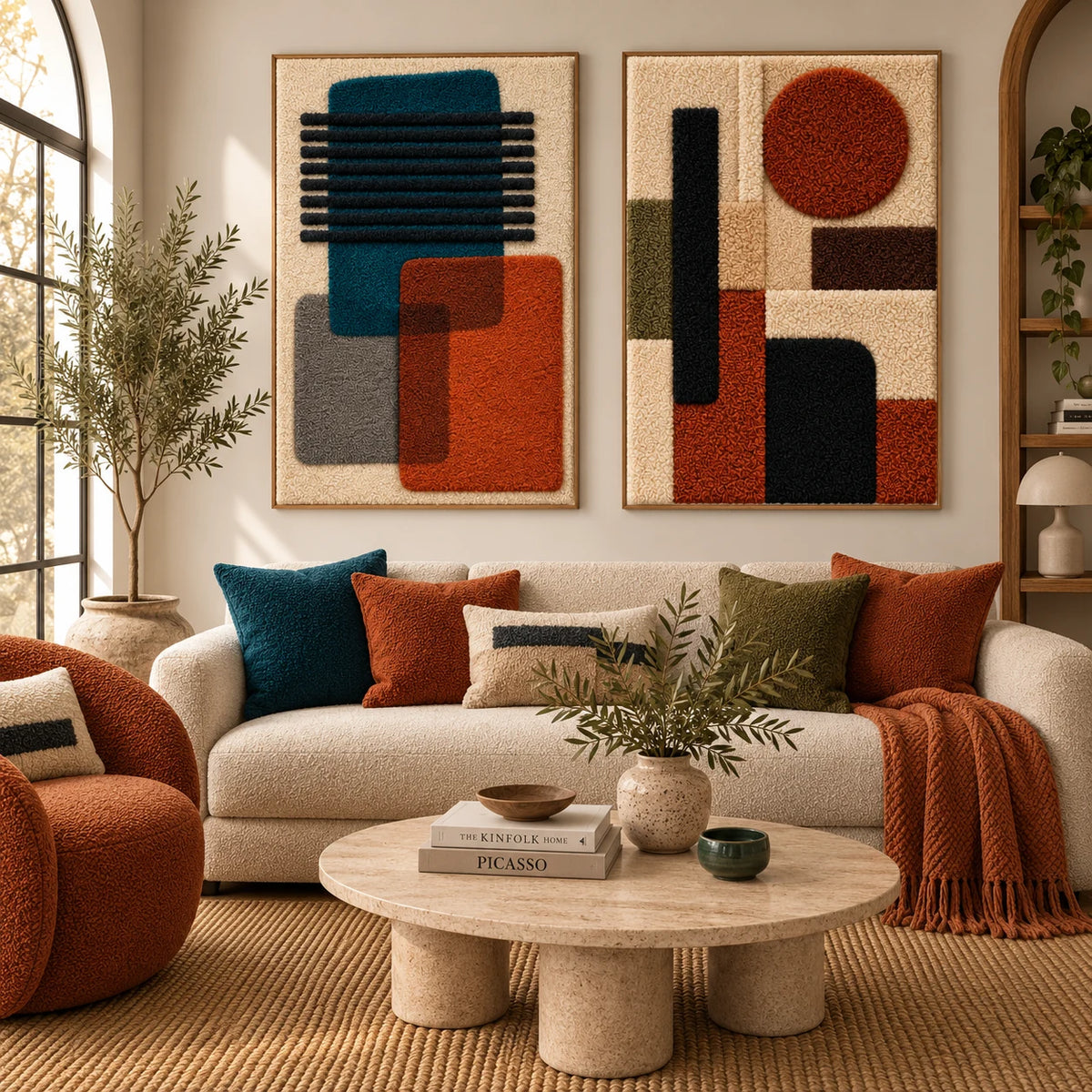 Teal Ember Bar Overlap × Terracotta Orbit paired wool wall art in a styled room — Ember Geometry