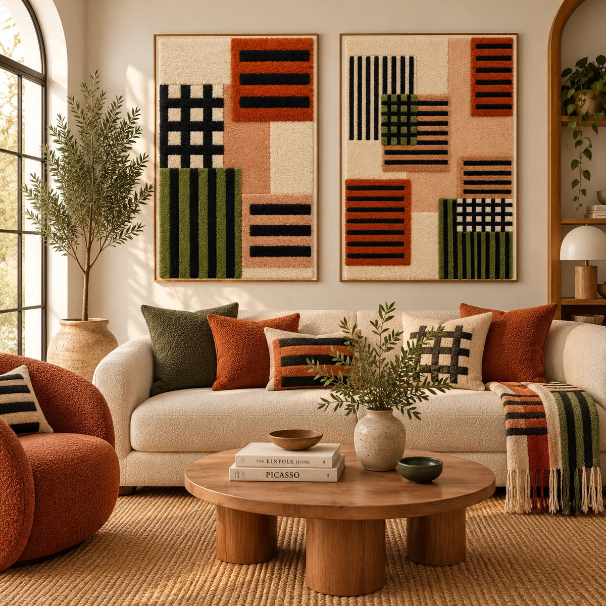 Olive Grid Balance × Woven Grid Quartet paired wool wall art in a styled room — Woven Grid Quartet