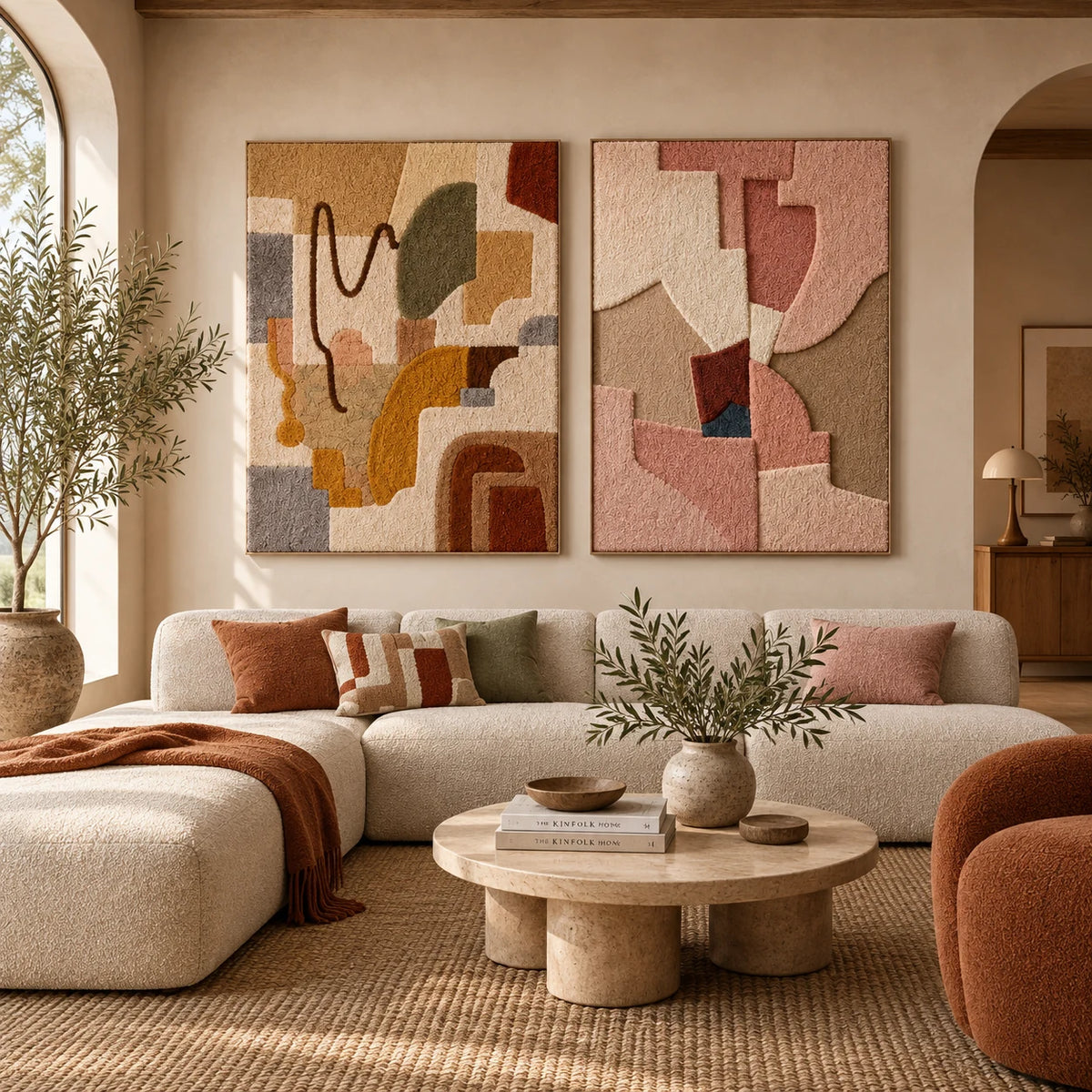 Adobe Cipher × Blush Fragments paired wool wall art in a styled room — Warm Abstract Fragments