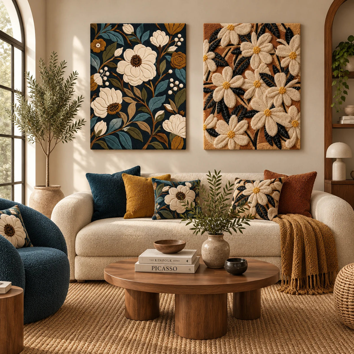 Ivory Night Garden × Wildflower Nocturne paired wool wall art in a styled room — Ivory Night Blossoms