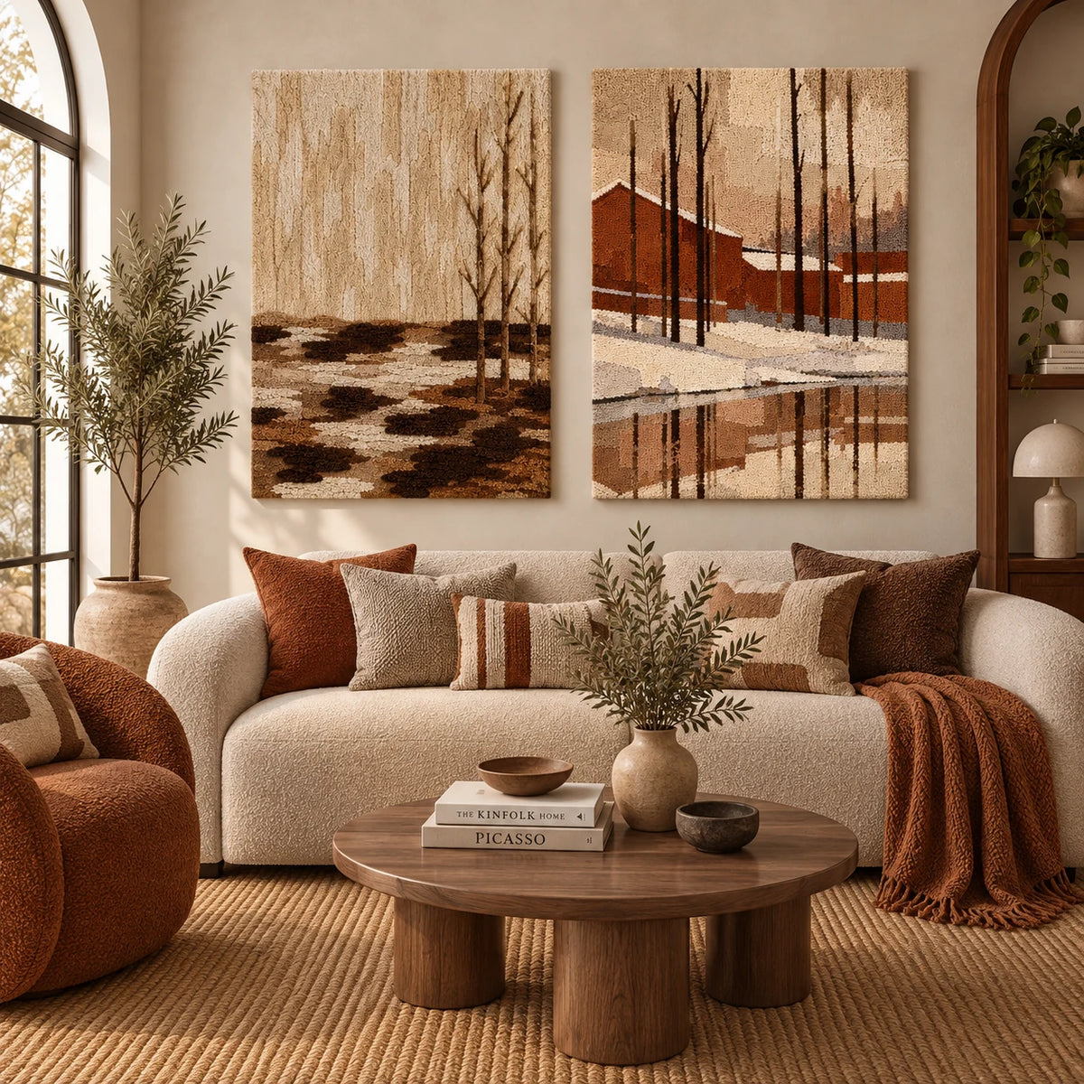 Bare Grove × Terracotta Winter paired wool wall art in a styled room — Winter Ember Grove