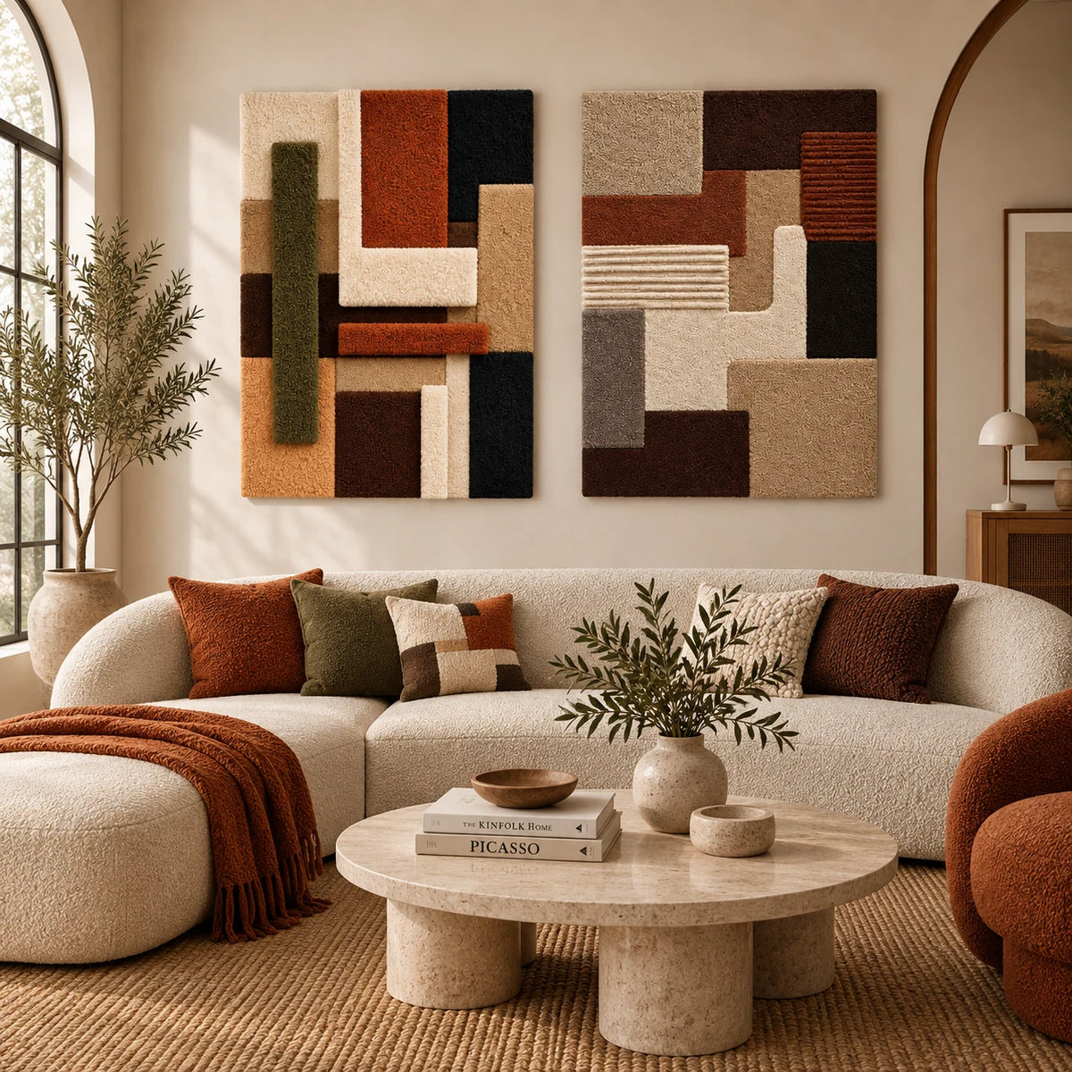 Earthbound Interlock × Woven Blocks paired wool wall art in a styled room — Earth Woven Rhythm
