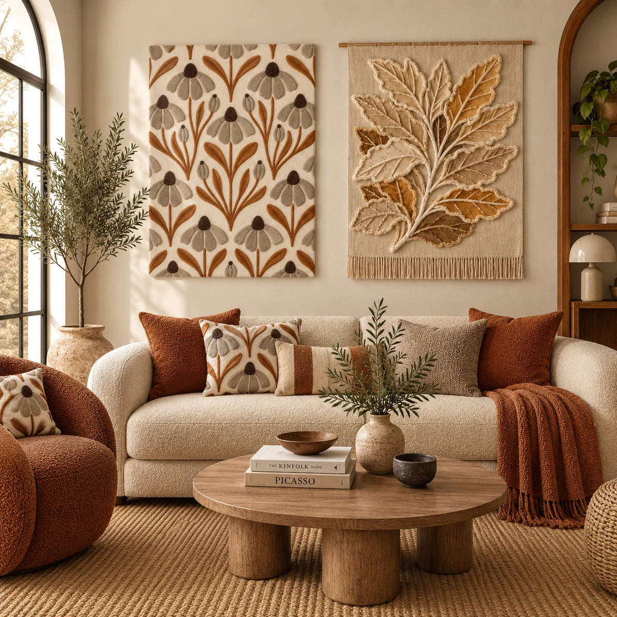 Amber Bell Meadow × Sepia Branch paired wool wall art in a styled room — Amber Botanical Textures