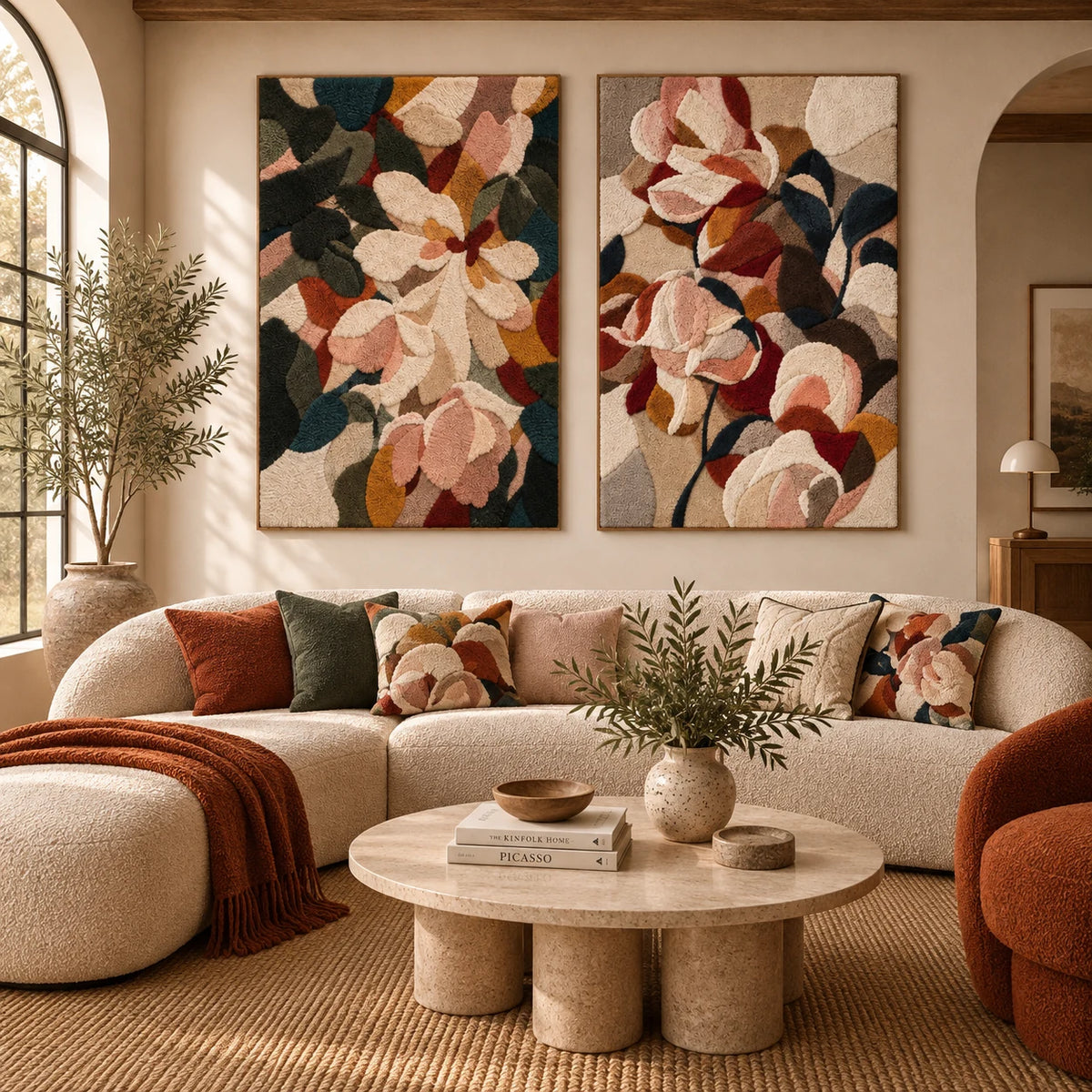 Magnolia in the Emerald Shade × The Cinnamon Rose Stem paired wool wall art in a styled room — Magnolia Rose Layers