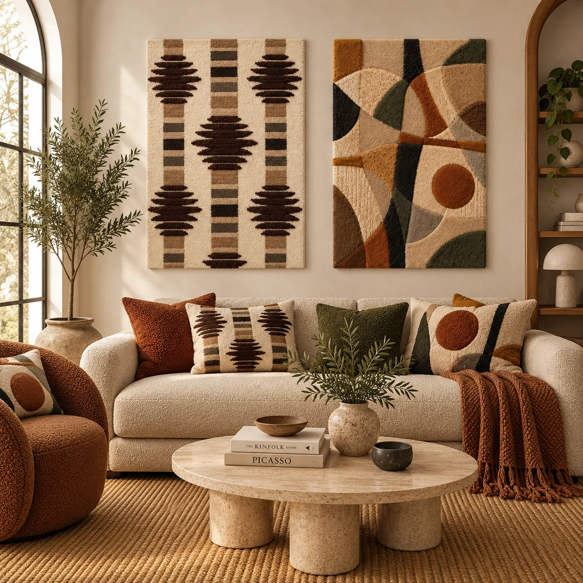 Cocoa Spindle Rhythm × Desert Geometry paired wool wall art in a styled room — Cocoa Desert Rhythm