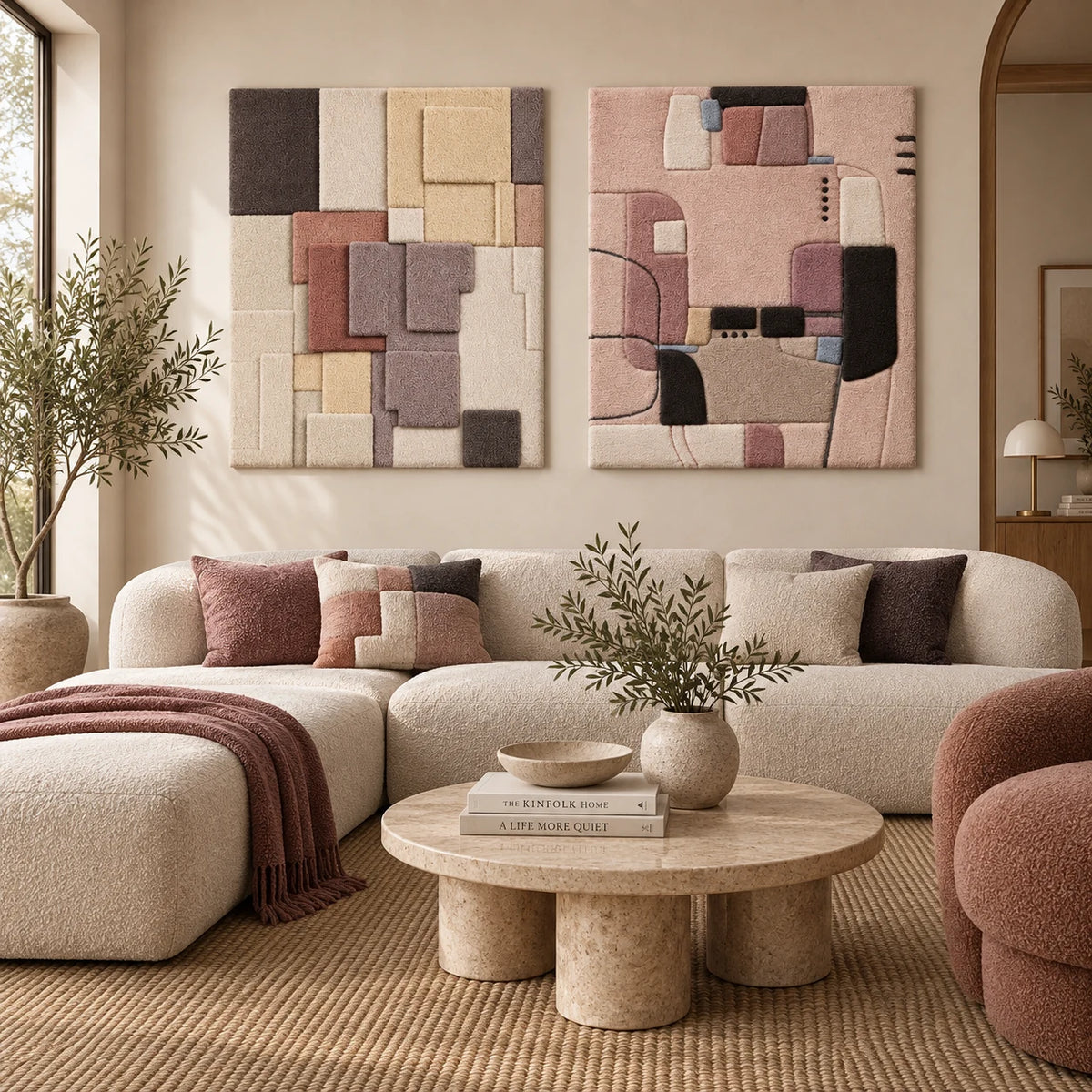 Botanical Lily × Terracotta City Blocks paired wool wall art in a styled room — Quiet City Layers