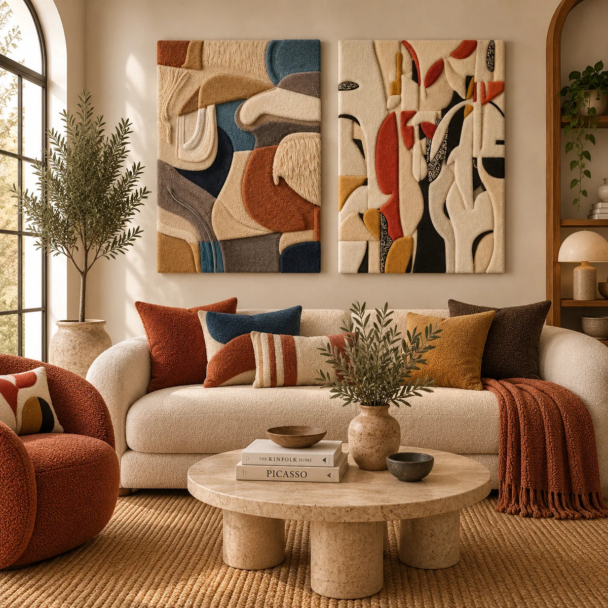 Puzzle Play × Stacked Stems paired wool wall art in a styled room — Sculpted Earth Currents