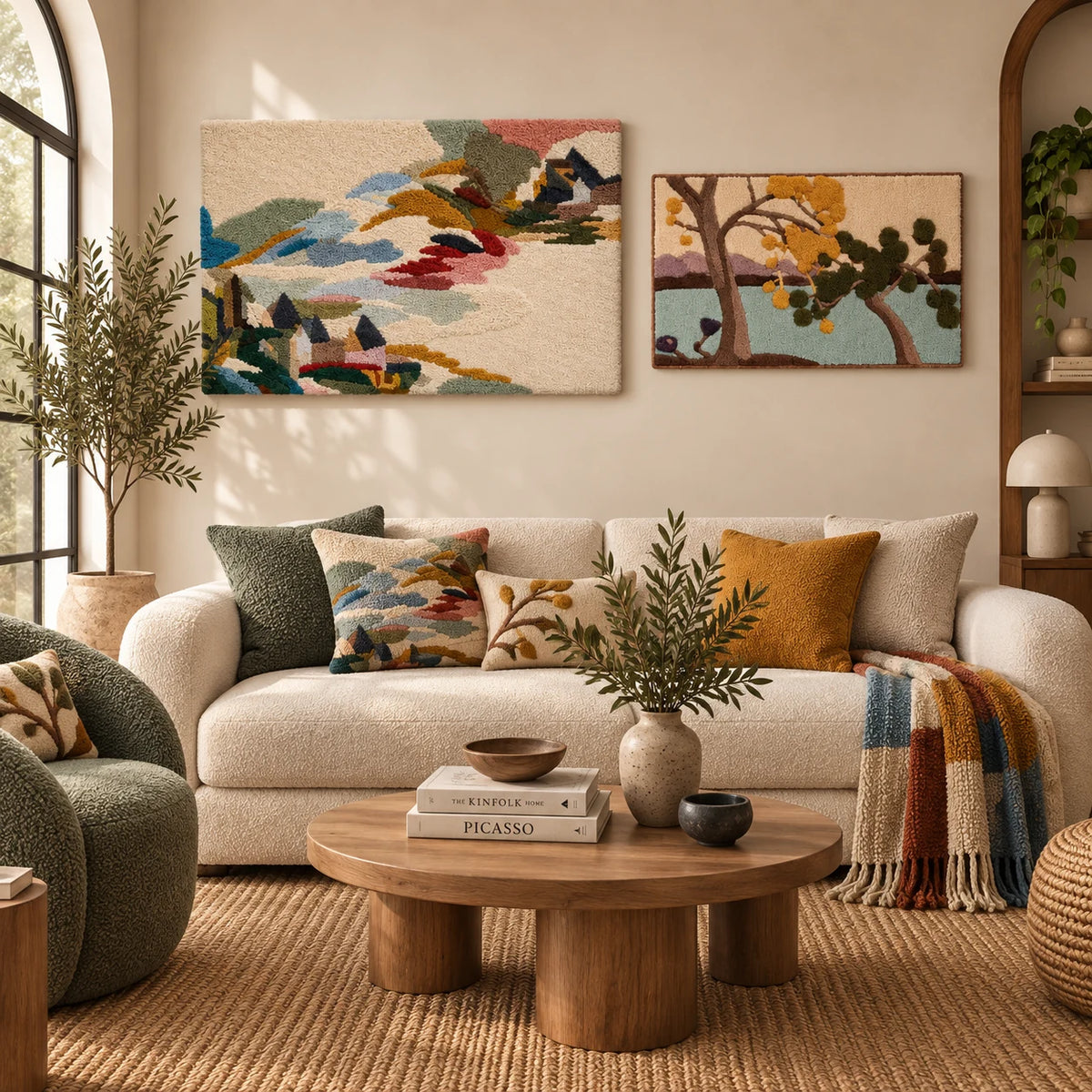 Cottages Along the Quiet Inlet × Luminous Isle paired wool wall art in a styled room — Quiet Inlet