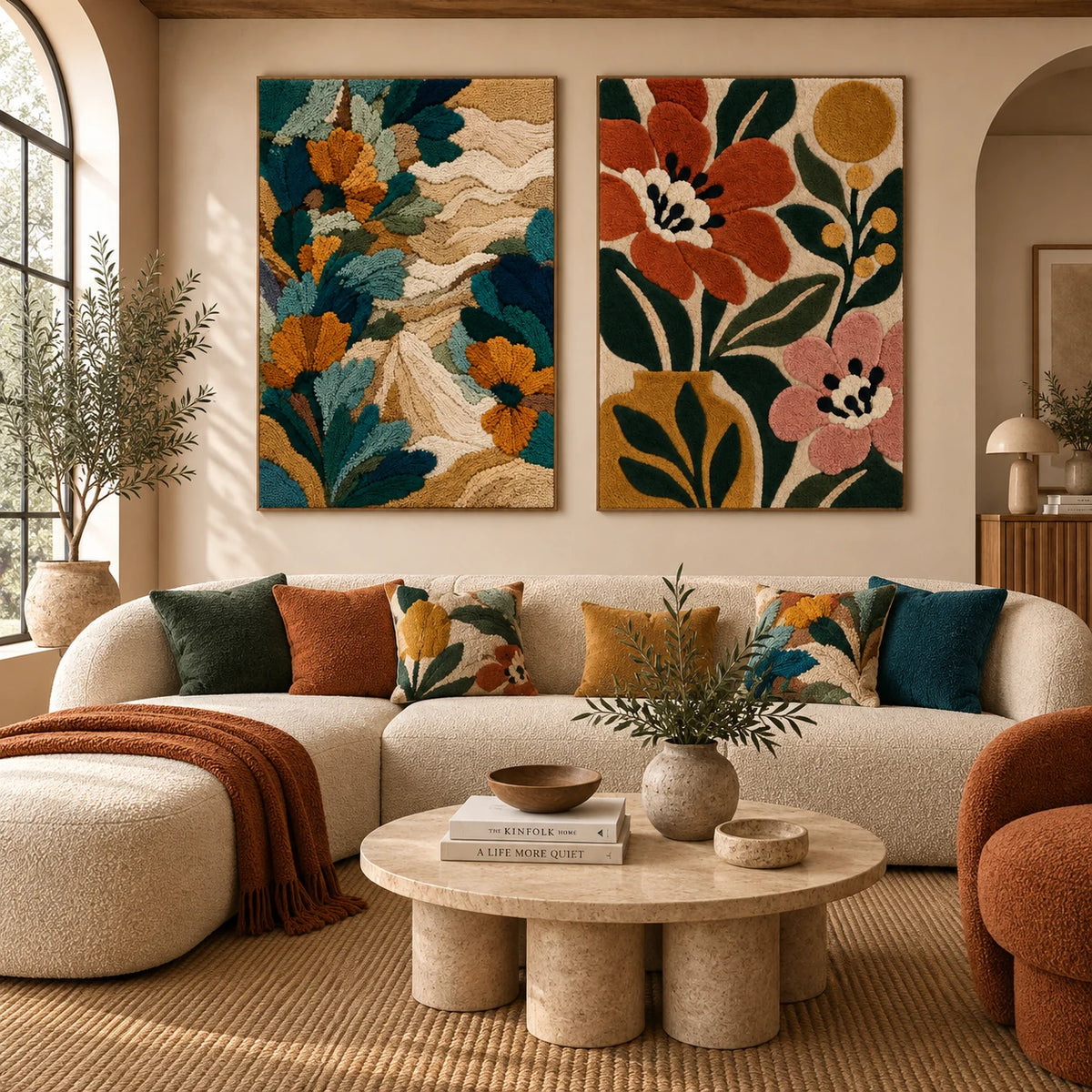 Bloom on Foam × Terracotta Garden in Golden Light paired wool wall art in a styled room — Earthen Bloom