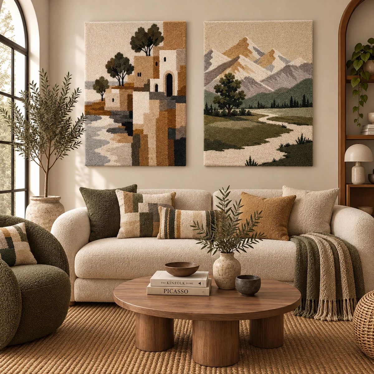 Mediterranean Village × Alpine Valley paired wool wall art in a styled room — Limestone Horizons