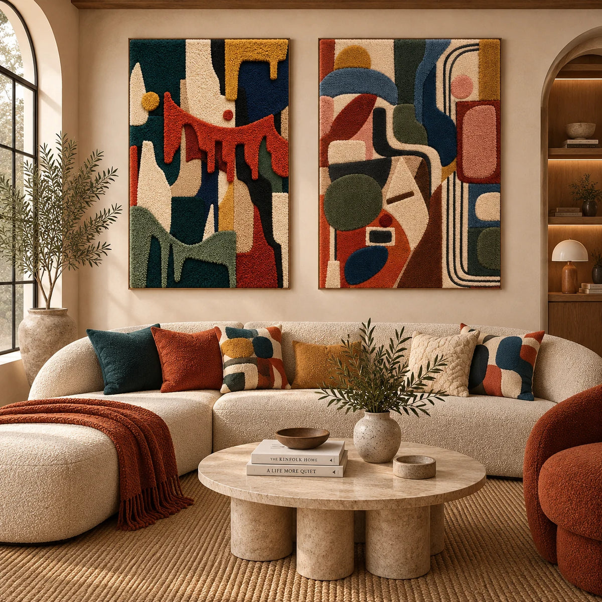 Terracotta Dripping Rhythm × The Chromatic Arcade paired wool wall art in a styled room — Warm Modern Shape Currents