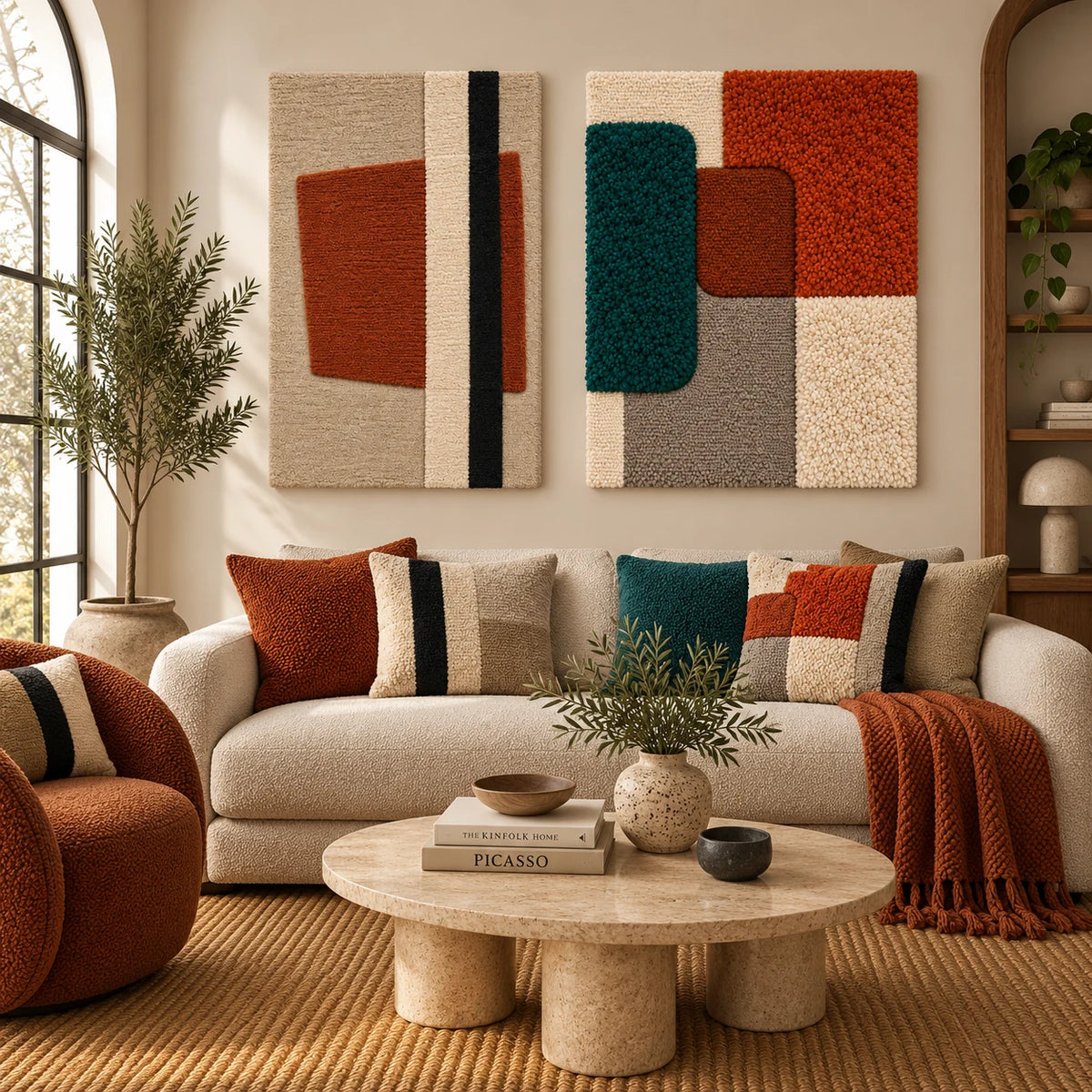 Terracotta Bar and Shadow × Terracotta Forest Blocks paired wool wall art in a styled room — Terracotta Measure