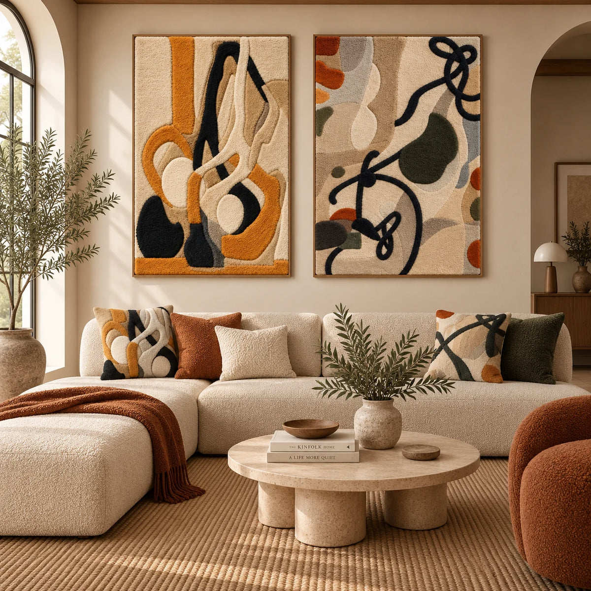 Ochre Currents × Wildflower Ink on Sand paired wool wall art in a styled room — Earthen Lines
