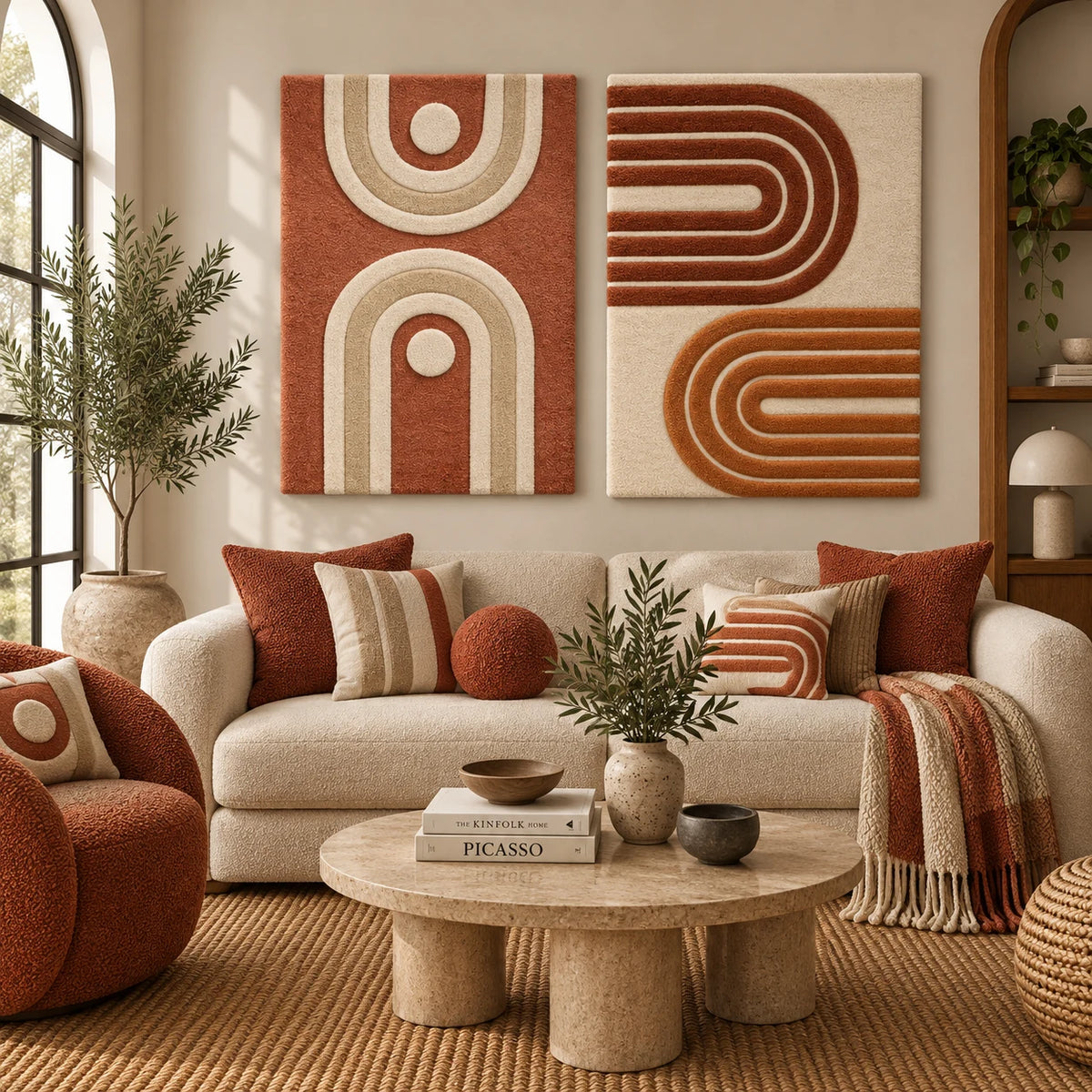 Clay Twin Arch Portals × Terracotta Turnback Ribbons paired wool wall art in a styled room — Clay Portals