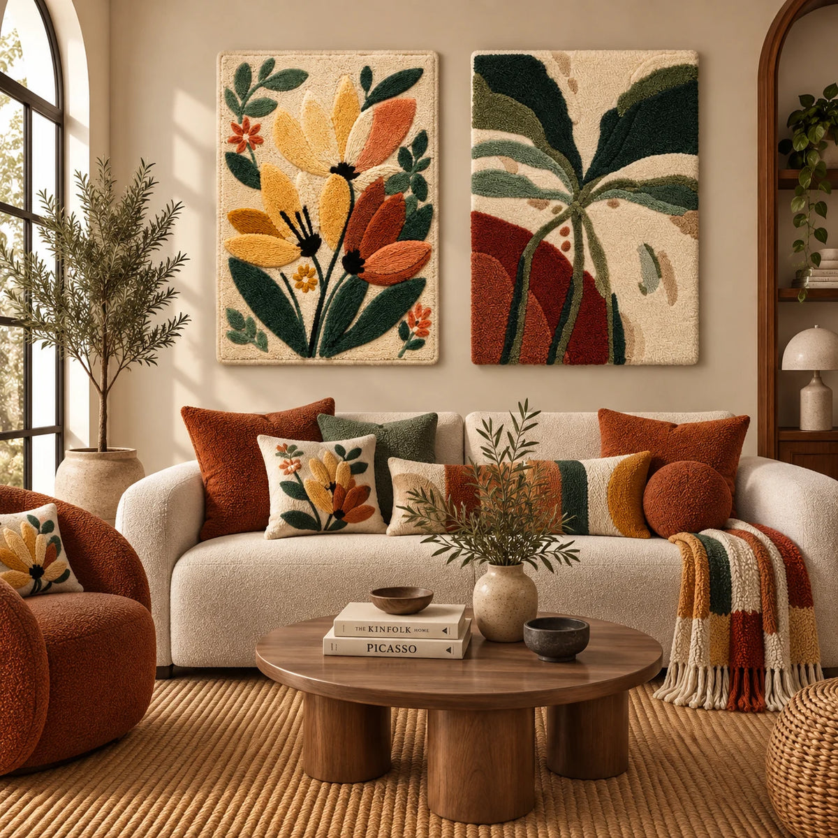 Afterglow Xanadu × The Swaying Olive Leaf paired wool wall art in a styled room — Olive Meadow Forms
