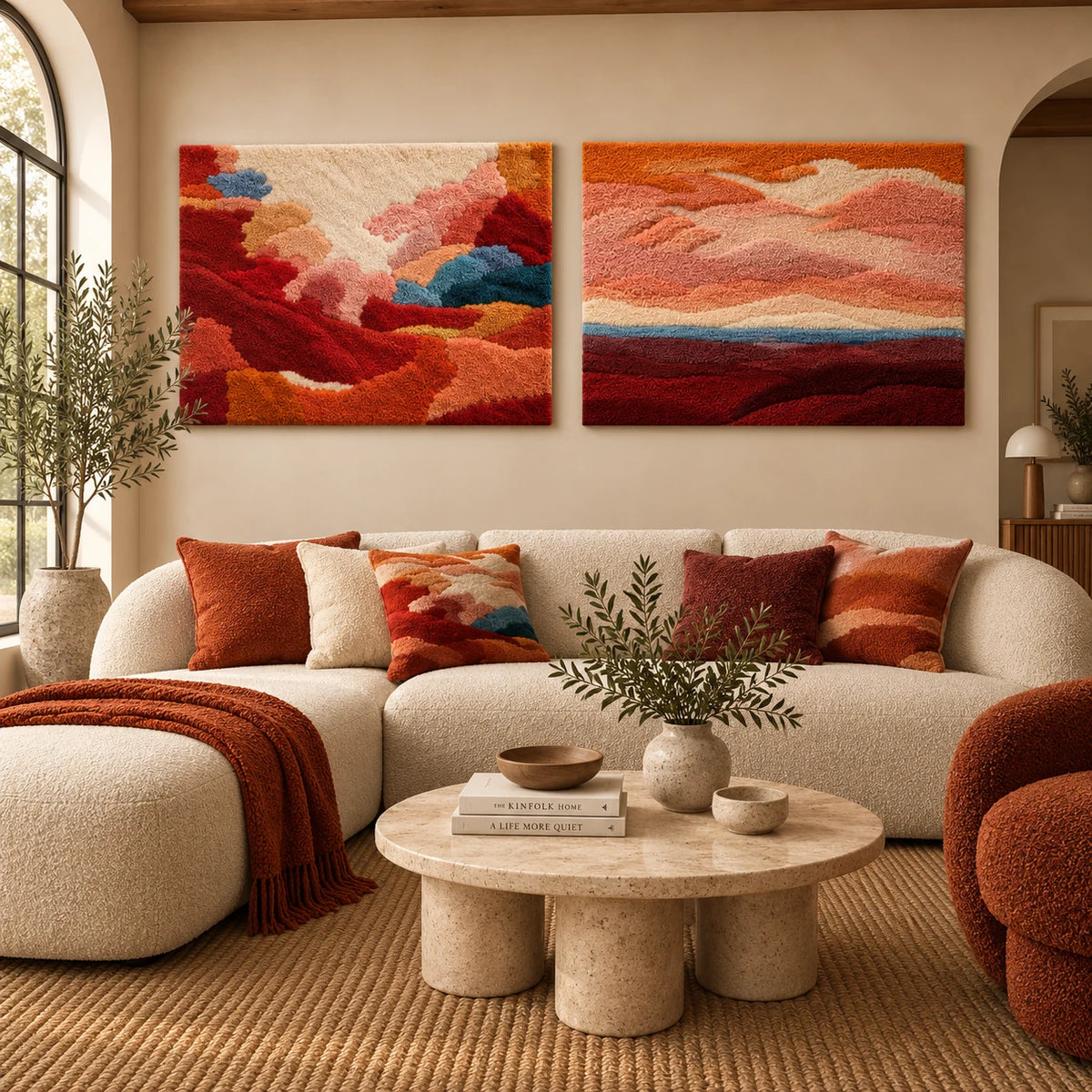 Coral Valley Light × Rose Horizon paired wool wall art in a styled room — Coral Horizons