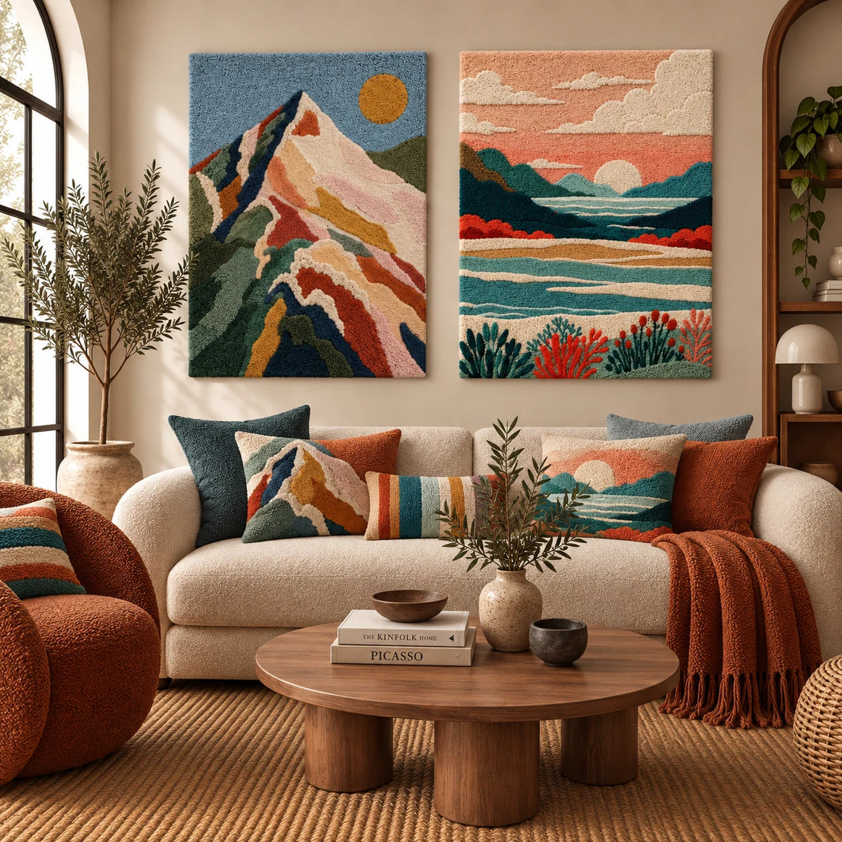 Golden Sun on the Green Range × The Tide at Daybreak paired wool wall art in a styled room — Dawn Mountain Tides